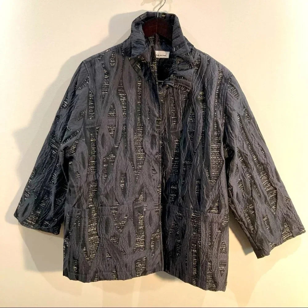 CAROLINE ROSE Sz 18 Lagenlook Textured Fabric Hip Length Grey Black Jacket